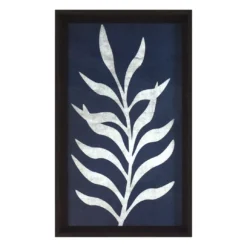 Dark Blue & White Leaf Curving Right Framed Art, (9" X 16")