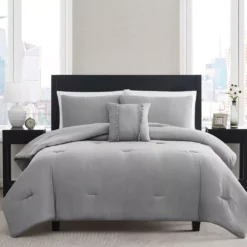 Light Gray Embroidered-Accent Stitch-Tufted Comforter Set