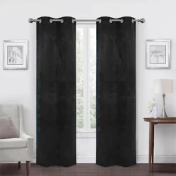 Black Velvet Abstract Blackout Grommet Curtain Panel Pair, (84")