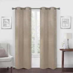 Taupe Velvet Abstract Blackout Grommet Curtain Panel Pair, (84")