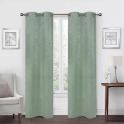 Spa Green Velvet Abstract Blackout Grommet Curtain Panel Pair, (84")