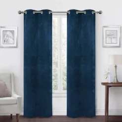 Navy Velvet Abstract Blackout Grommet Curtain Panel Pair, (84")