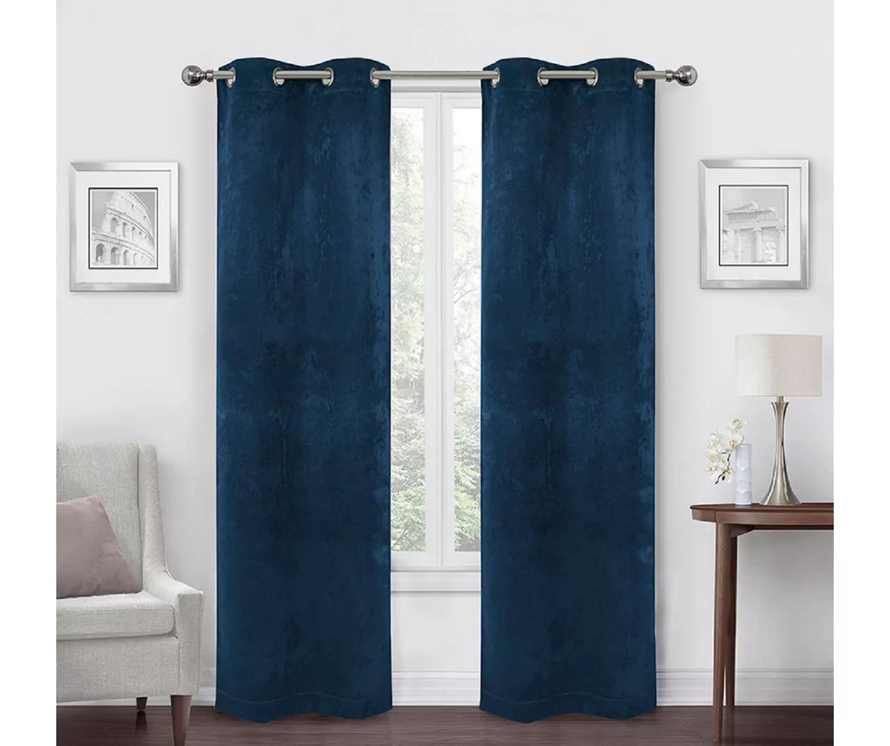 Navy Velvet Abstract Blackout Grommet Curtain Panel Pair, (84")