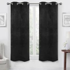 Black Velvet Abstract Blackout Grommet Curtain Panel Pair, (63")