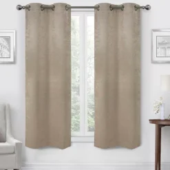 Taupe Velvet Abstract Blackout Grommet Curtain Panel Pair, (63")