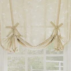 Meribel Taupe & White Embroidered Floral Tie-Up Rod Pocket Curtain Panel, (63")