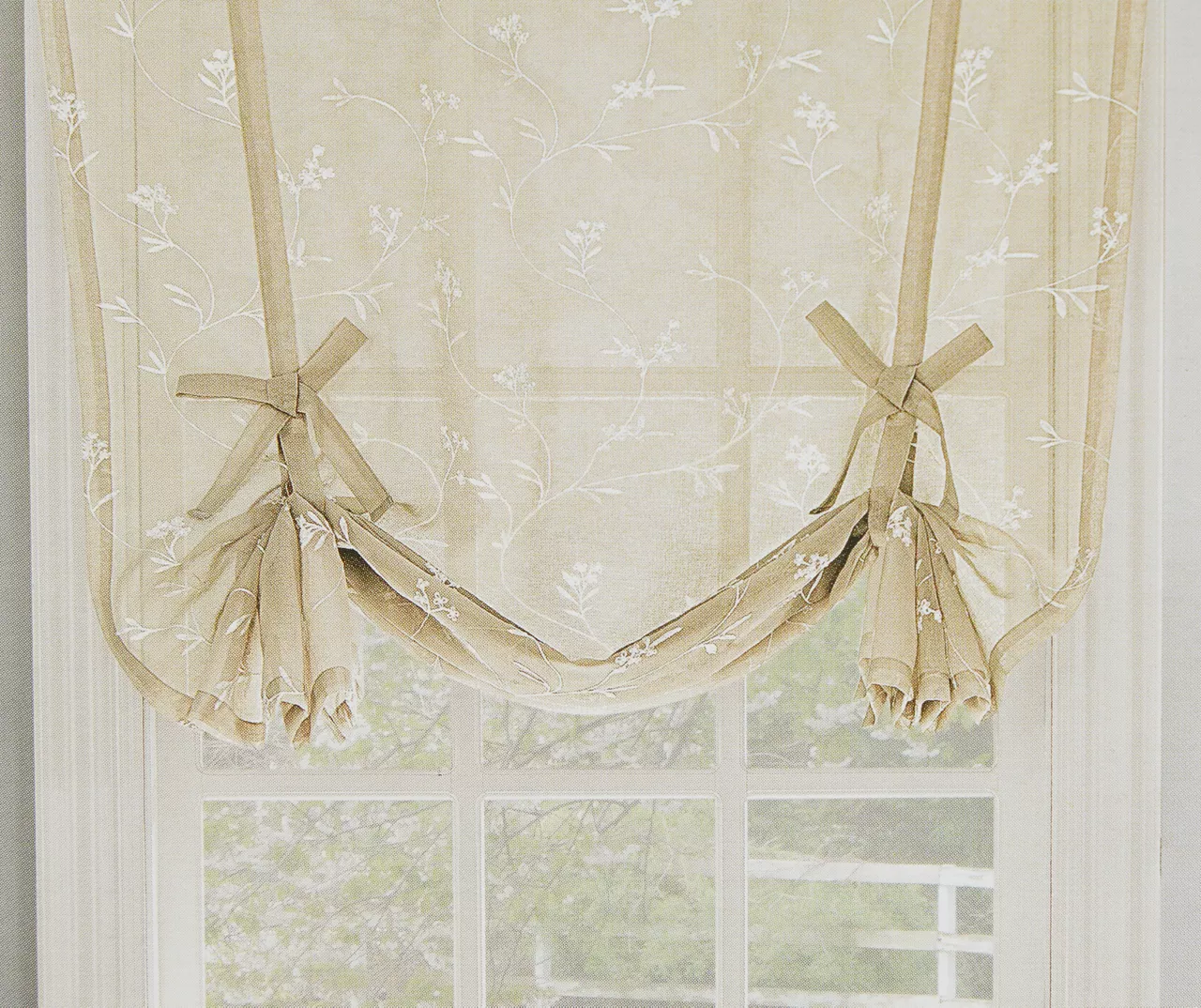 Meribel Taupe & White Embroidered Floral Tie-Up Rod Pocket Curtain Panel, (63")