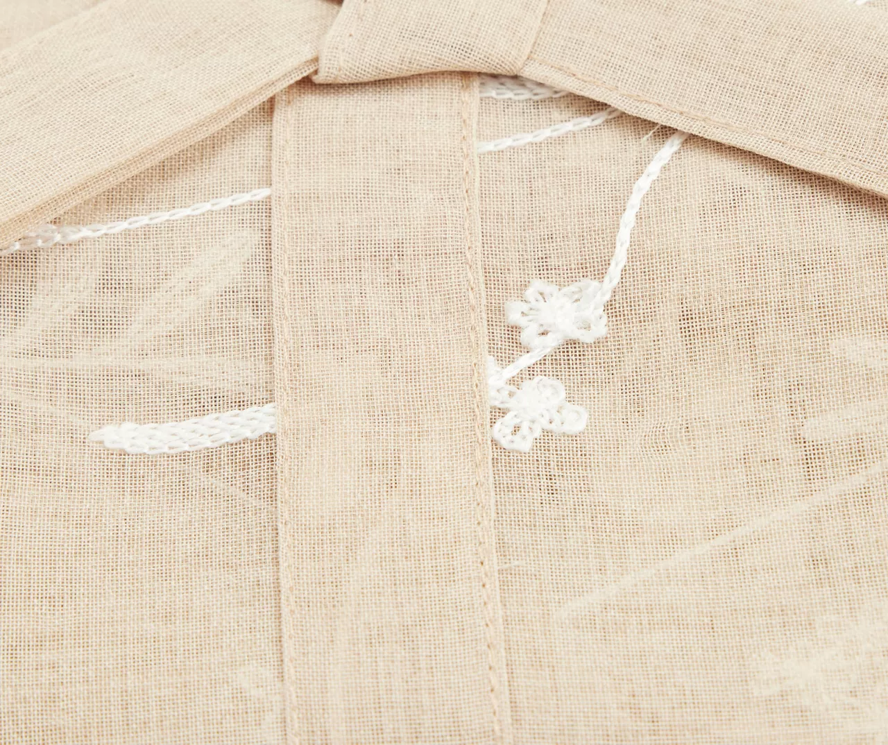 Meribel Taupe & White Embroidered Floral Tie-Up Rod Pocket Curtain Panel, (63") - Image 2