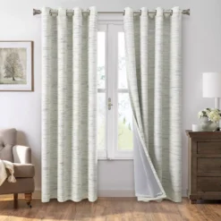 Gray Stripe Chenille Grommet Curtain Panel Pair With Blackout Lining, (84")