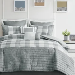 Kingston Gray & White Buffalo Check Queen 8-Piece Comforter Set