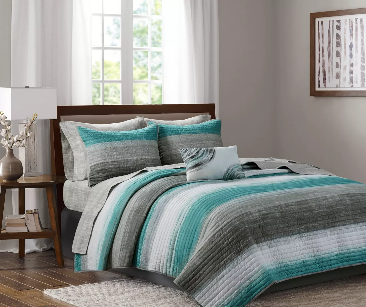 Seth Aqua & Gray Paint Stroke King 8-Piece Quilted Coverlet Set